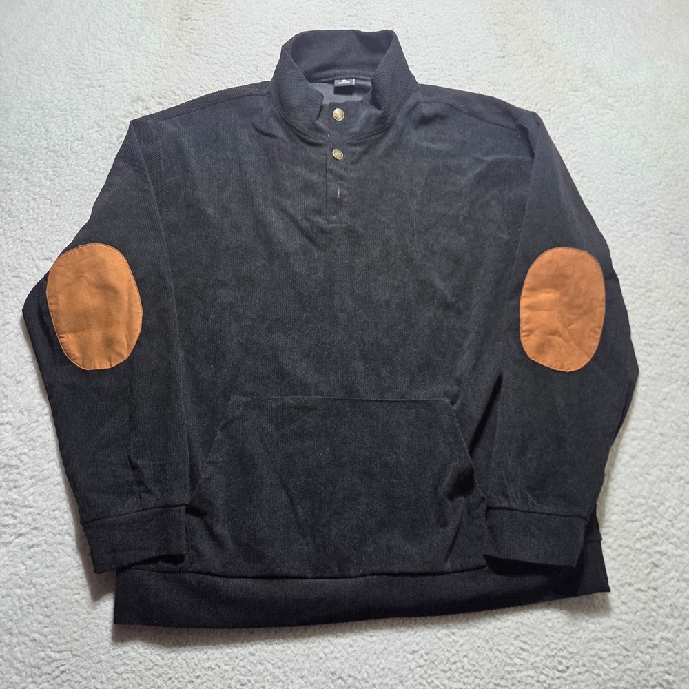 JMIERR Pullover Mens Large Black Corduroy Quarter Button Mock Neck Casual Soft